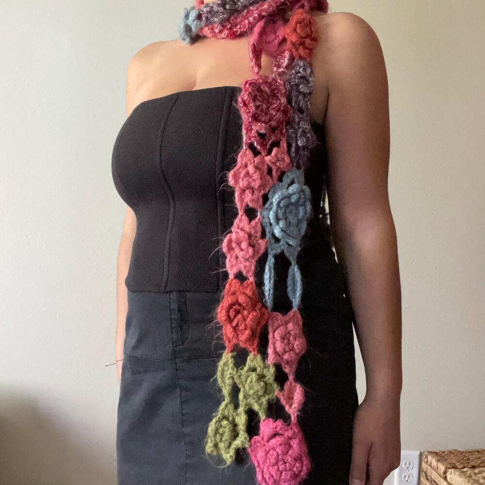 Y2K vintage 2000s floral whimsy fairy crochet skinny scarf